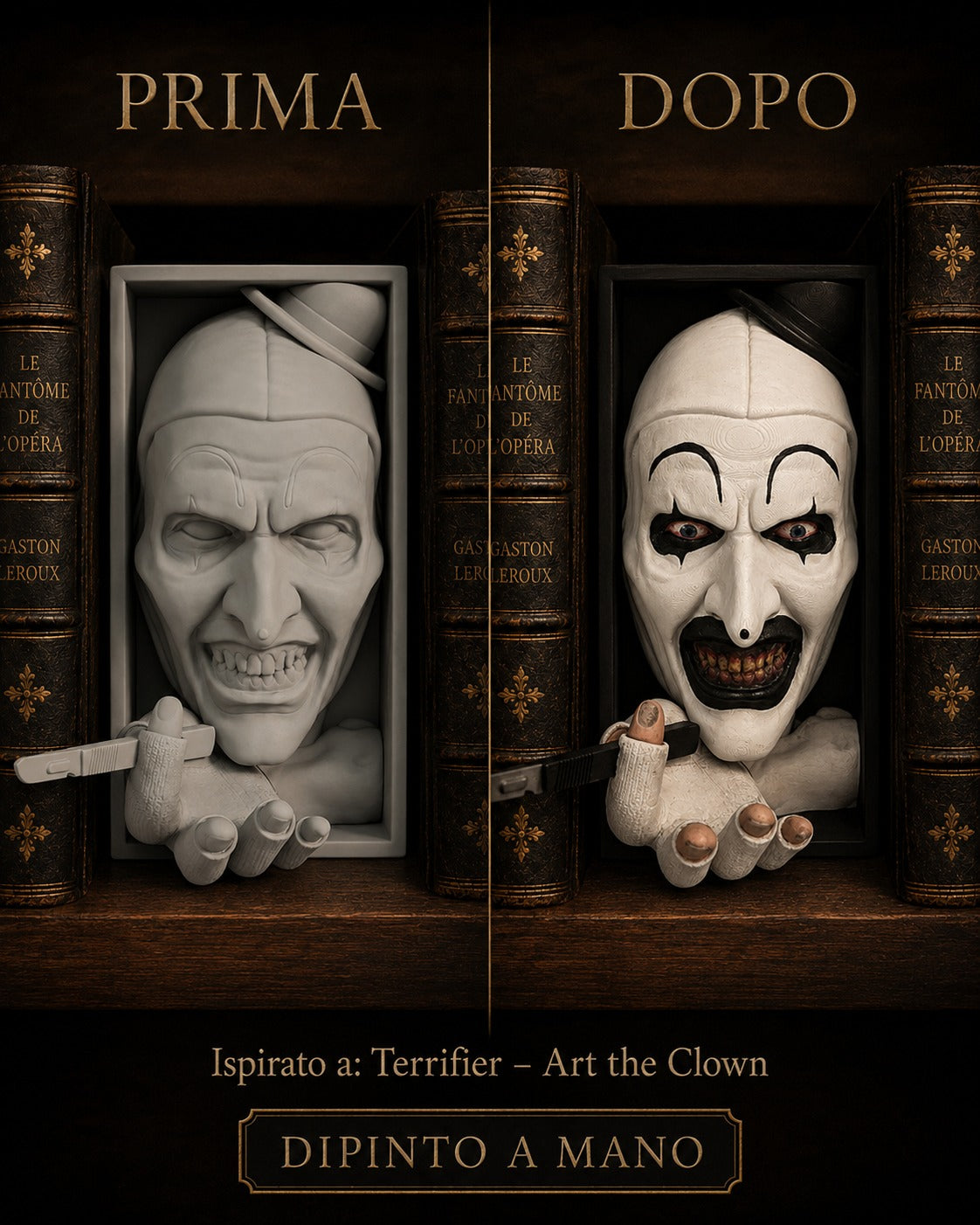 Fermalibro 3D Art the Clown dipinto a mano, confronto prima e dopo la pittura tra libri gotici