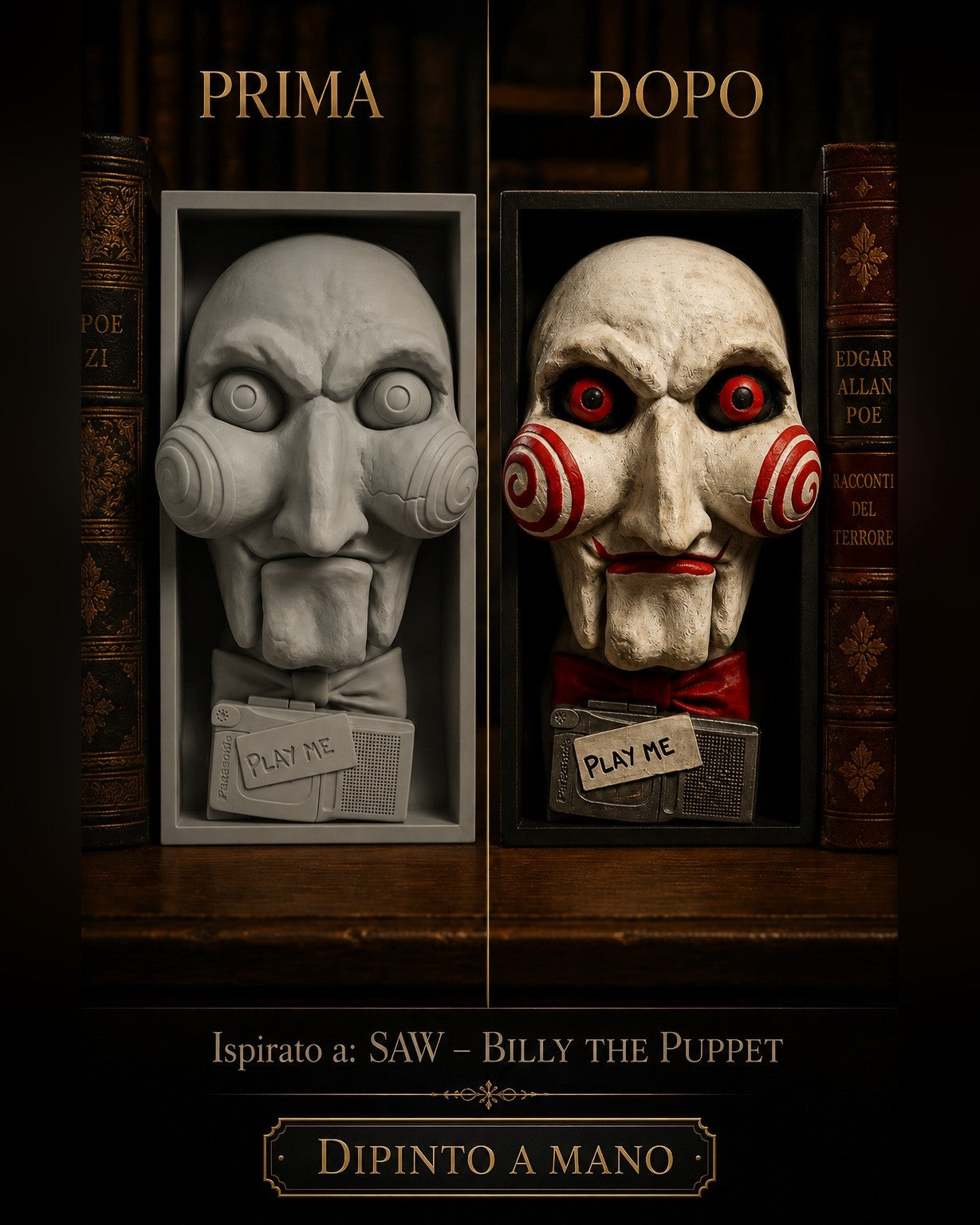 Fermalibro 3D Billy the Puppet di SAW dipinto a mano con registratore Play Me, prima e dopo
