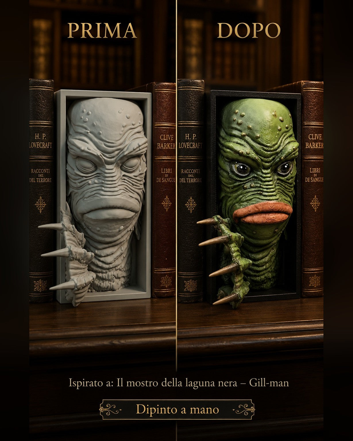 Fermalibro 3D Gill-man del Mostro della laguna nera dipinto a mano, prima e dopo la pittura