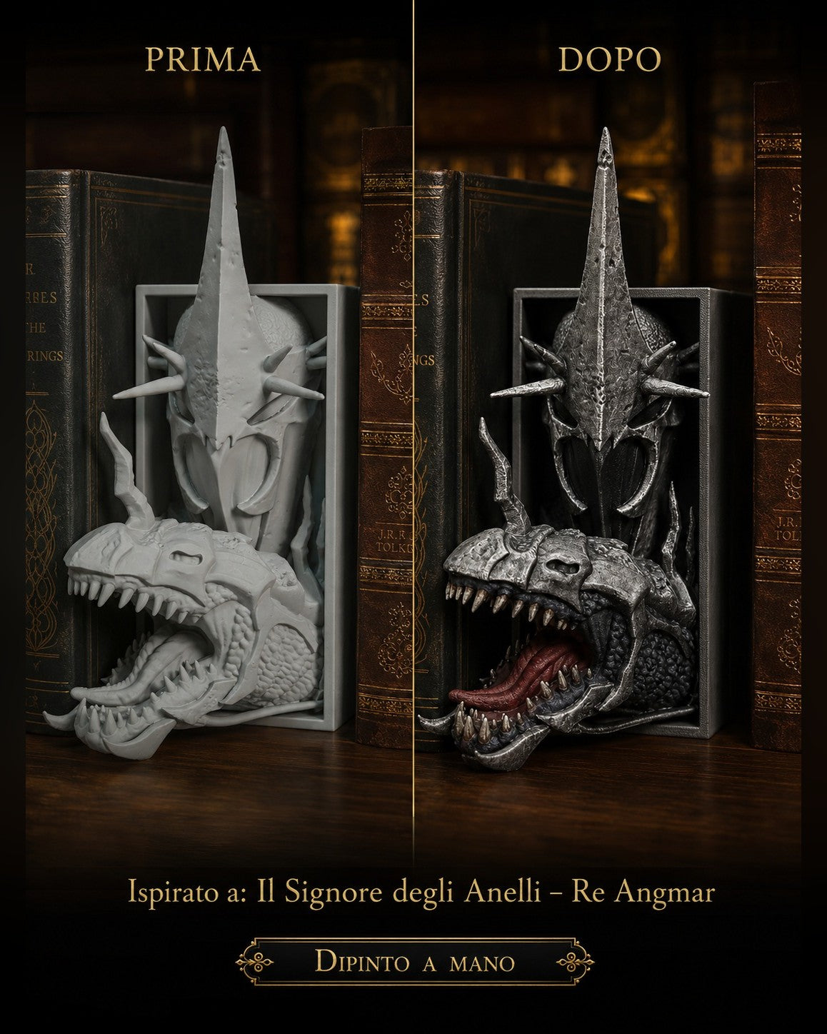 Fermalibro 3D Re Stregone di Angmar con bestia alata dipinto a mano, prima e dopo