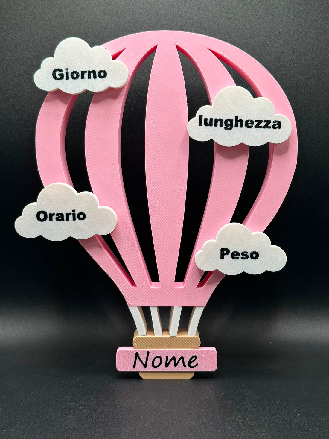 Targa nascita personalizzata a mongolfiera con nome e dati del bebe