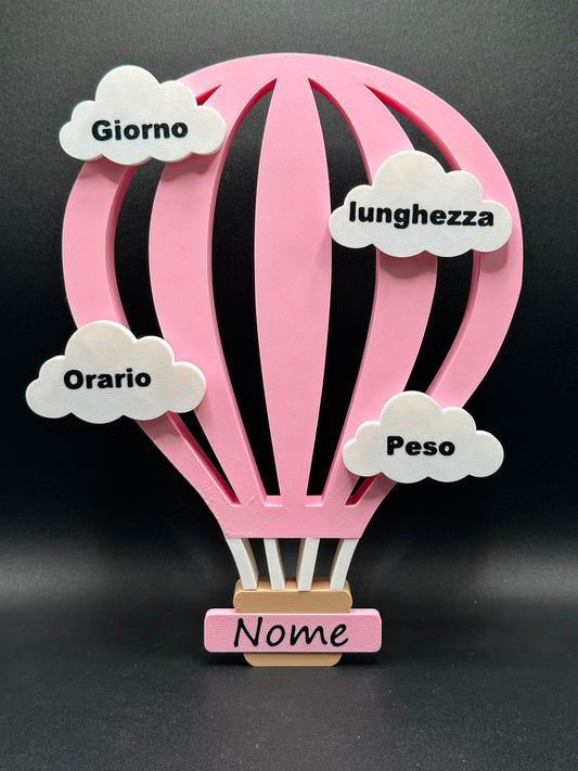 Targa nascita personalizzata a mongolfiera con nome e dati del bebe