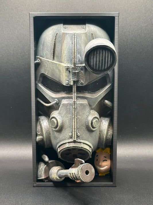 Fermalibro Power Armor visto di lato, dettaglio delle piastre invecchiate