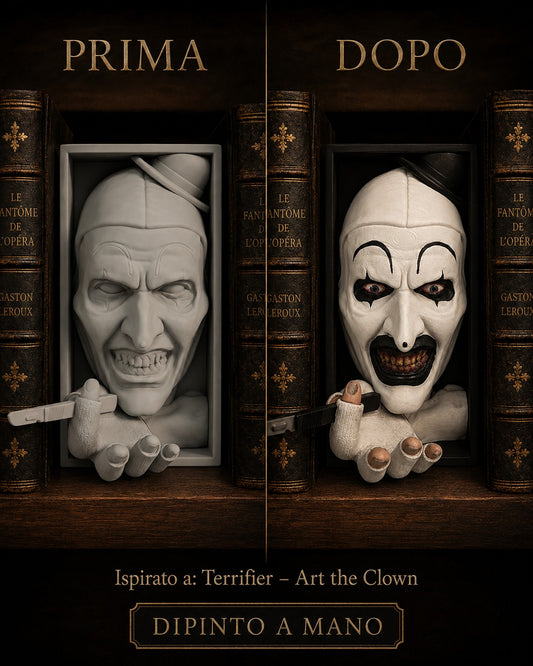 Fermalibro 3D Art the Clown dipinto a mano, confronto prima e dopo la pittura tra libri gotici