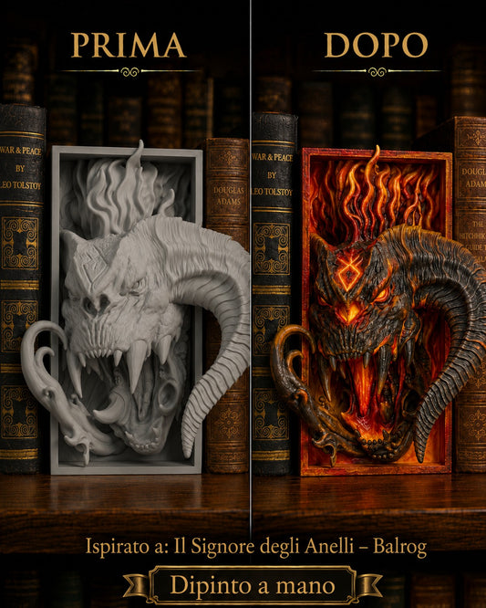 Fermalibro 3D Balrog dipinto a mano, confronto prima e dopo la pittura con effetto fuoco