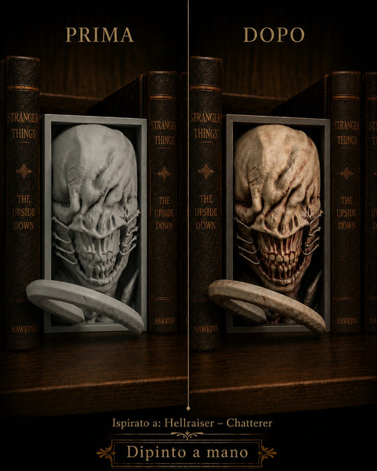 Fermalibro 3D Chatterer di Hellraiser con denti scoperti dipinto a mano, prima e dopo