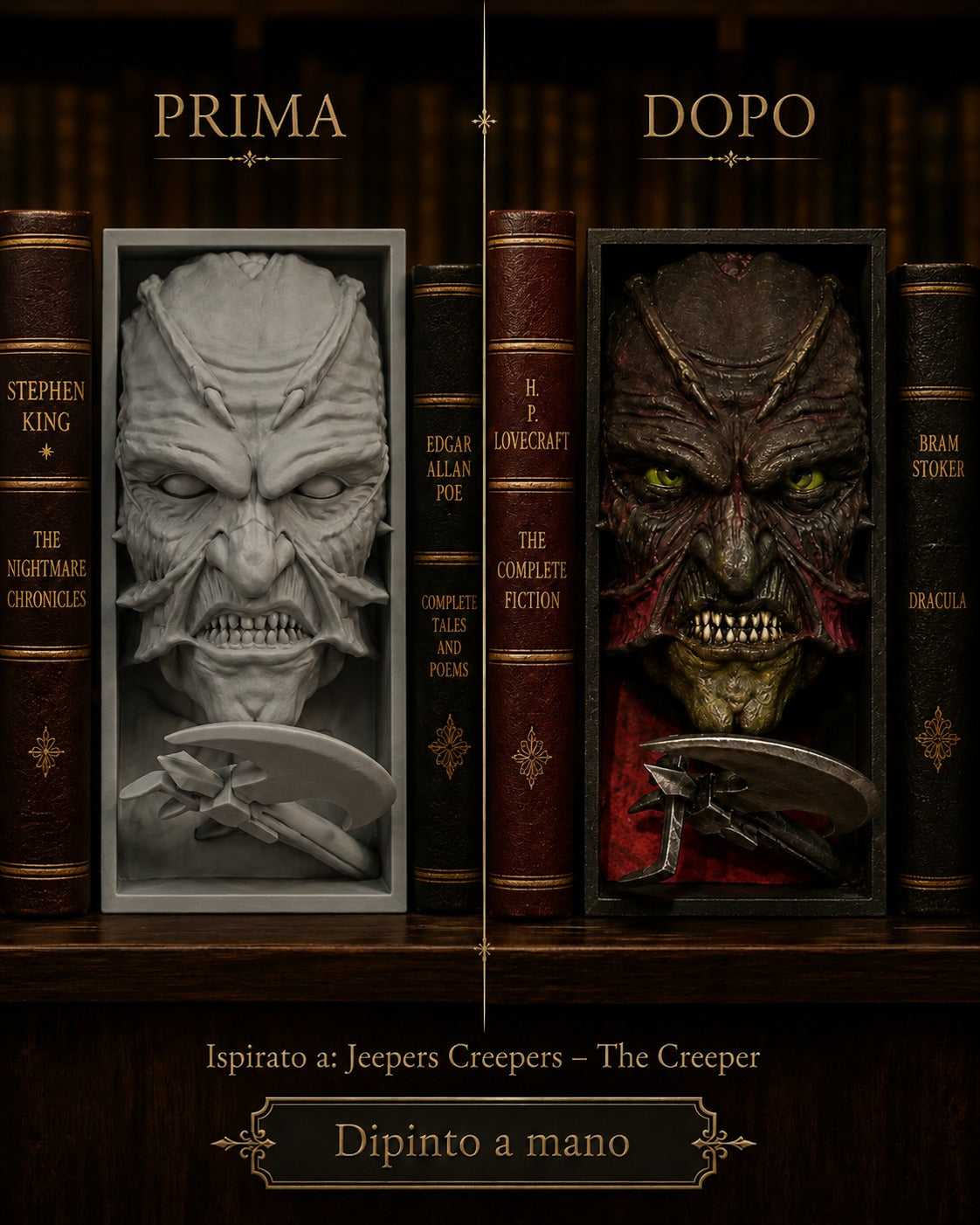 Fermalibro 3D The Creeper dipinto a mano, confronto prima e dopo la pittura tra libri horror