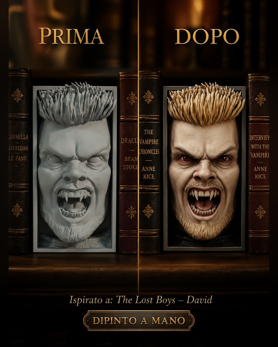 Fermalibro 3D David vampiro di The Lost Boys dipinto a mano, prima e dopo la pittura