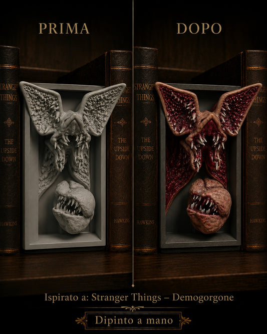 Fermalibro 3D Demogorgone di Stranger Things dipinto a mano, prima e dopo la pittura