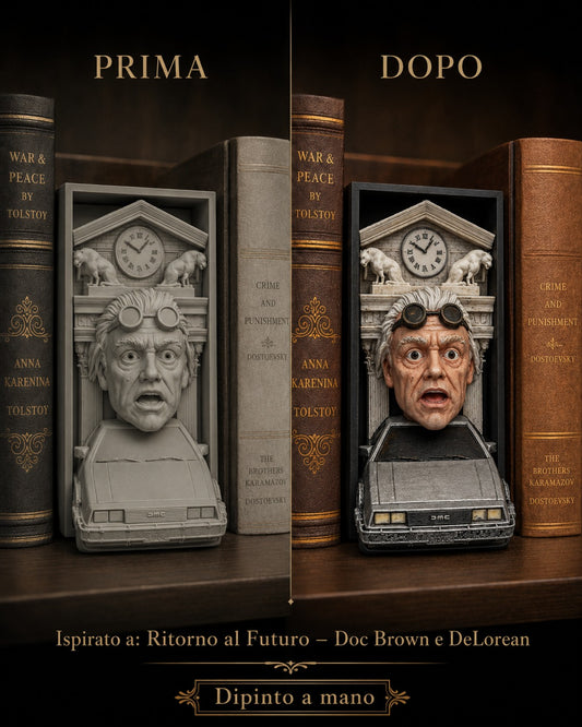 Fermalibro 3D Doc Brown con DeLorean e torre dell’orologio dipinto a mano, prima e dopo