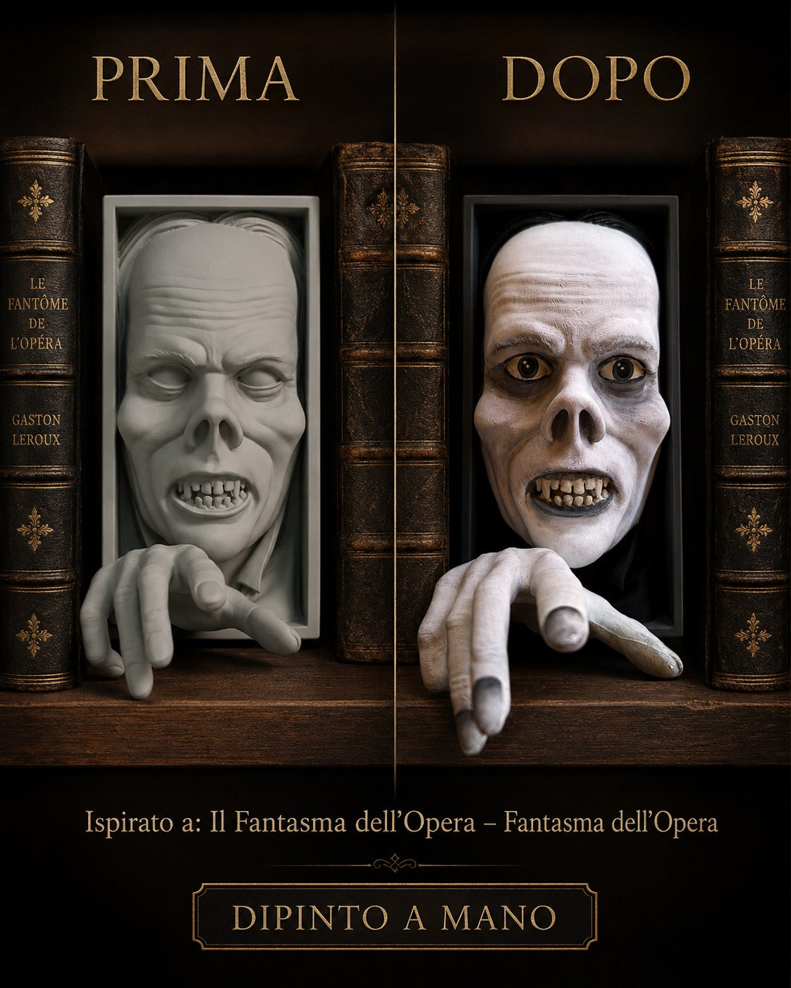 Fermalibro 3D Fantasma dell’Opera dipinto a mano, confronto prima e dopo la pittura tra volumi di Leroux