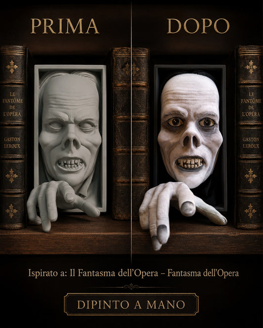Fermalibro 3D Fantasma dell’Opera dipinto a mano, confronto prima e dopo la pittura tra volumi di Leroux