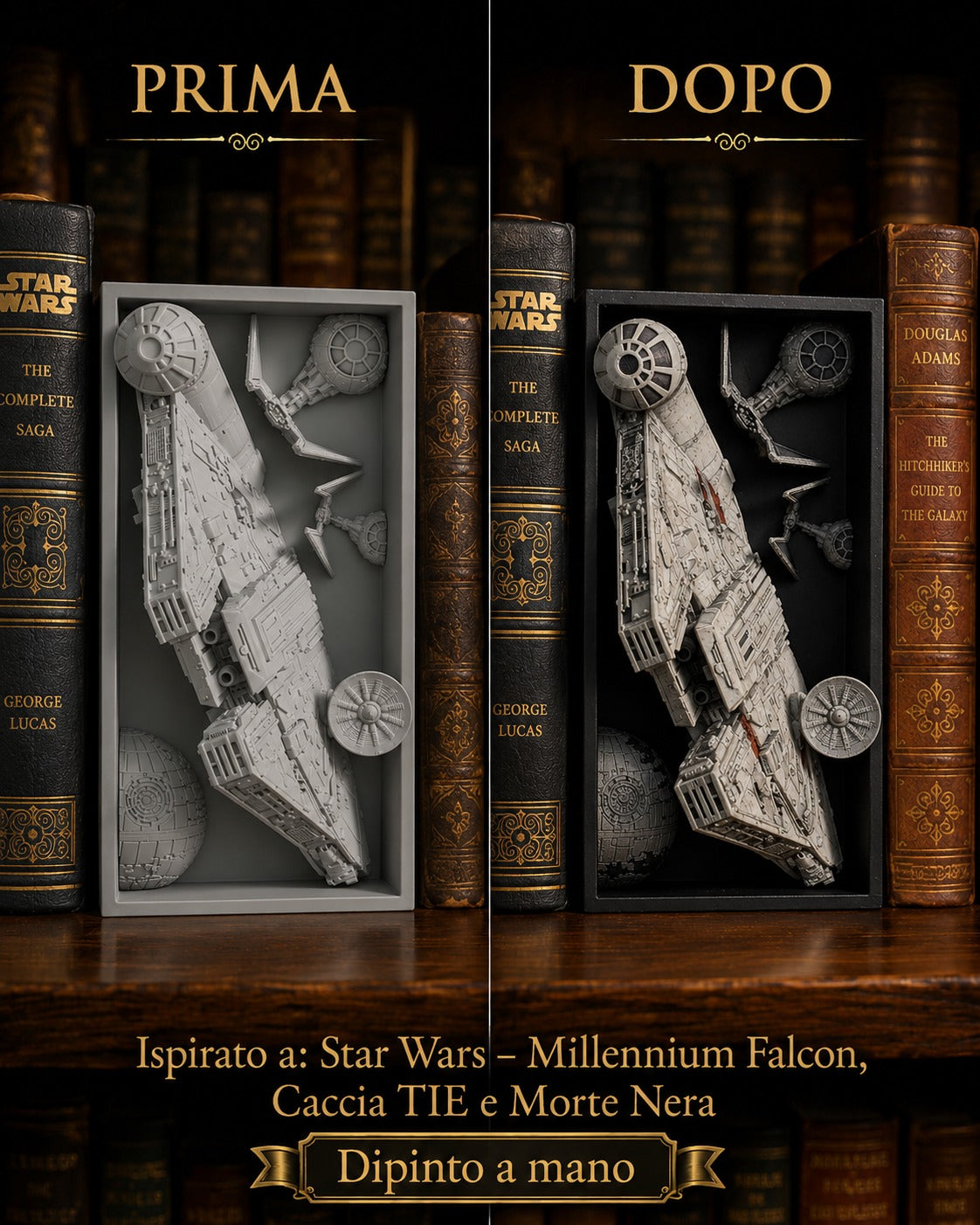 Fermalibro 3D flotta stellare ispirato a Star Wars dipinto a mano, prima e dopo la pittura