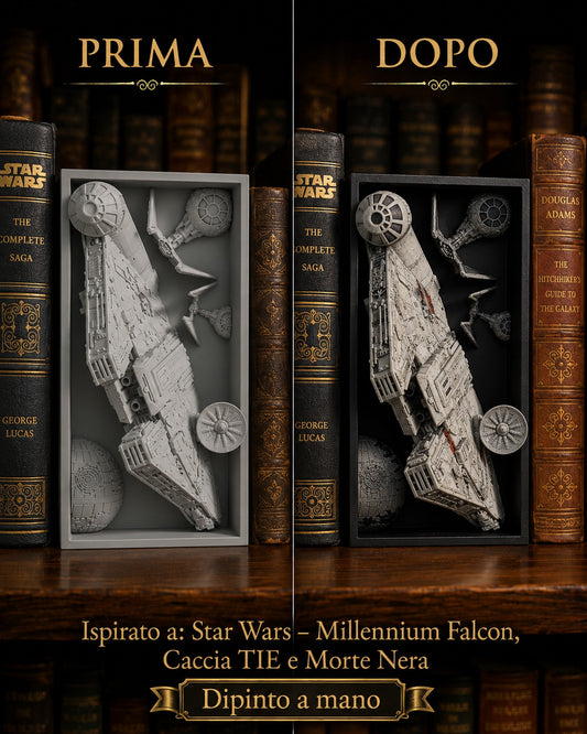 Fermalibro 3D flotta stellare ispirato a Star Wars dipinto a mano, prima e dopo la pittura