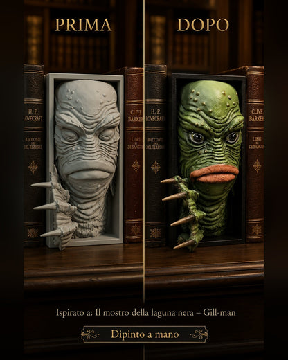 Fermalibro 3D Gill-man del Mostro della laguna nera dipinto a mano, prima e dopo la pittura