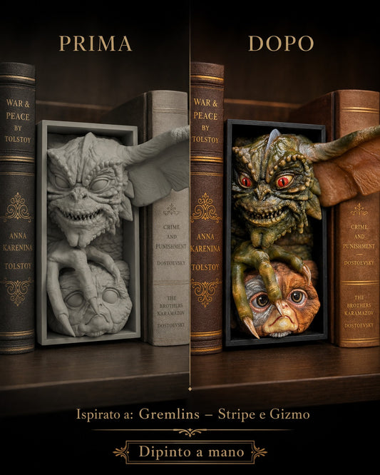 Fermalibro 3D Gremlins con Stripe e Gizmo dipinto a mano, prima e dopo la pittura