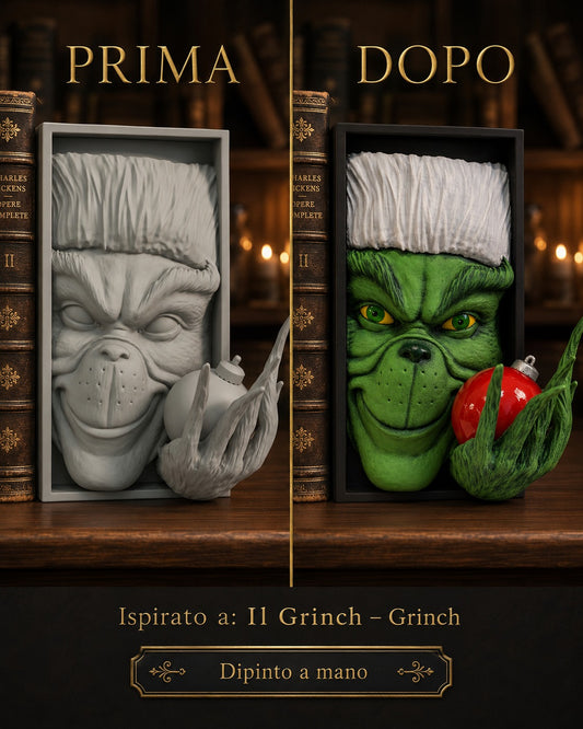 Fermalibro 3D Grinch dipinto a mano con pallina di Natale, prima e dopo la pittura