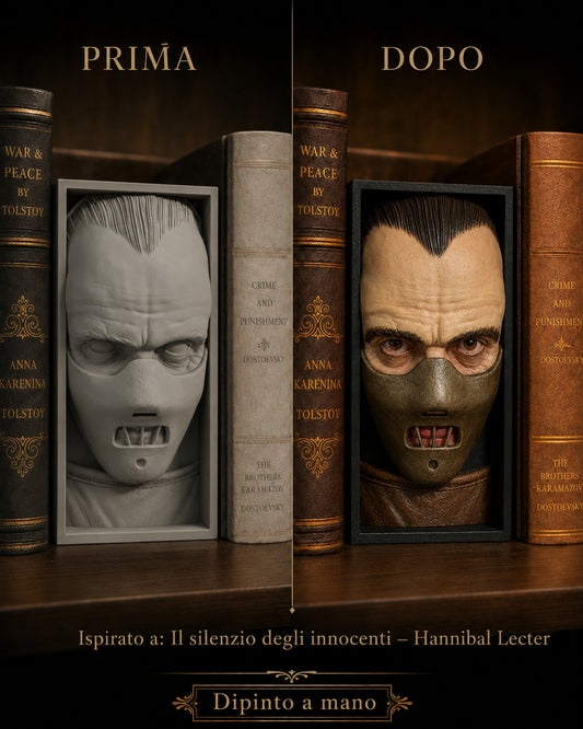 Fermalibro 3D Hannibal Lecter con museruola dipinto a mano, prima e dopo la pittura