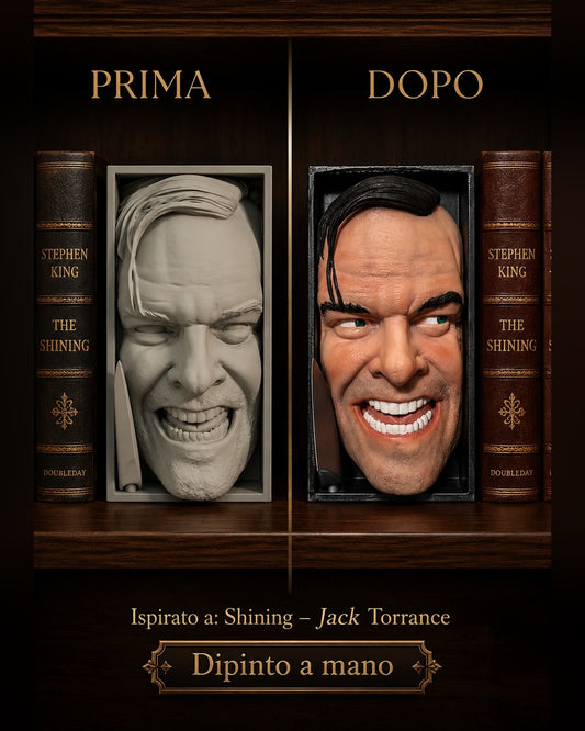 Fermalibro 3D Jack Torrance dipinto a mano, confronto prima e dopo la pittura tra copie di Shining