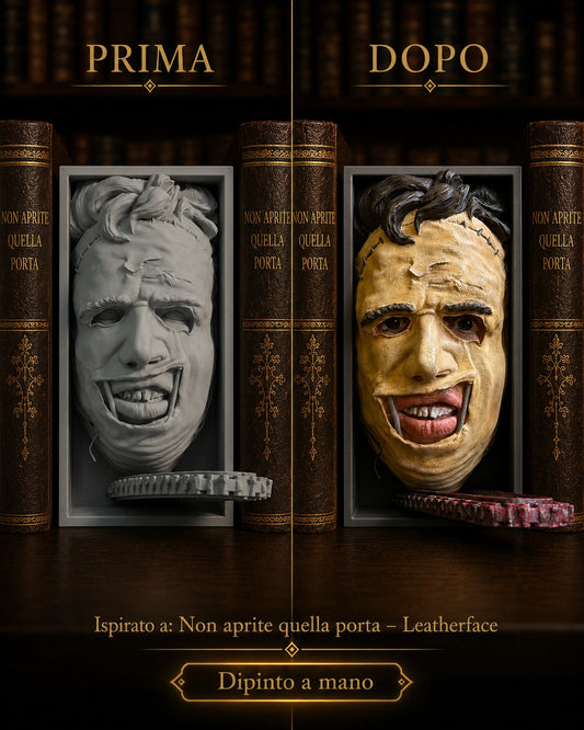 Fermalibro 3D Leatherface con motosega dipinto a mano, prima e dopo la pittura