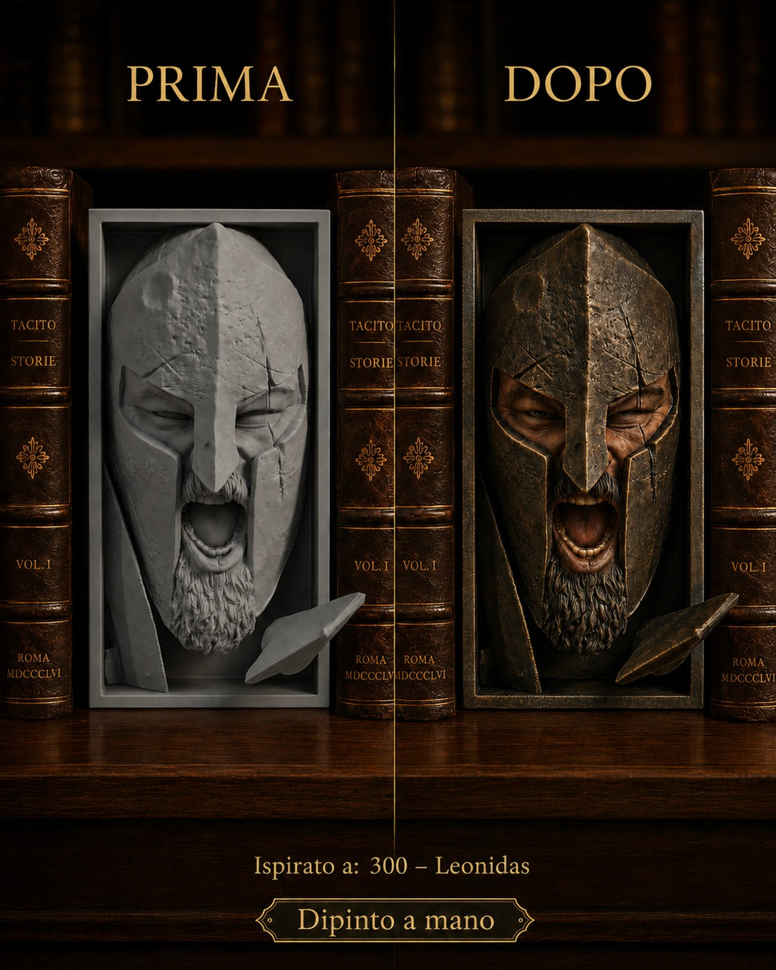 Fermalibro 3D Leonidas con elmo spartano effetto bronzo dipinto a mano, prima e dopo