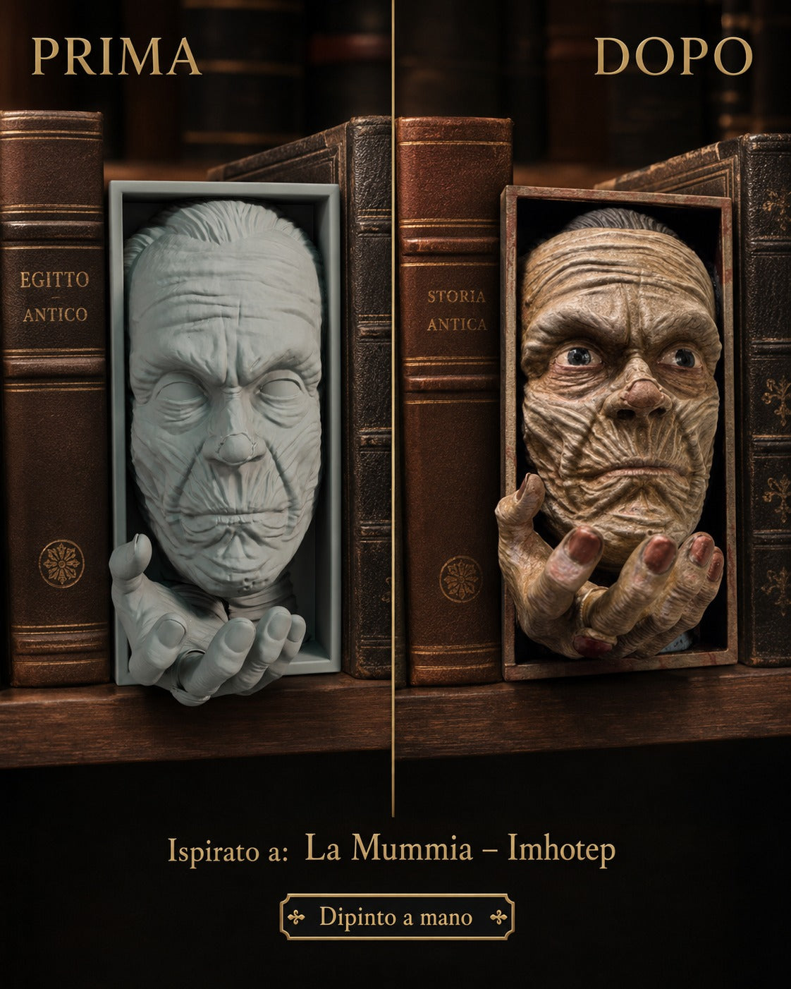 Fermalibro 3D La Mummia Imhotep dipinto a mano tra libri di Egitto antico, prima e dopo