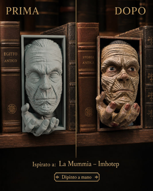 Fermalibro 3D La Mummia Imhotep dipinto a mano tra libri di Egitto antico, prima e dopo