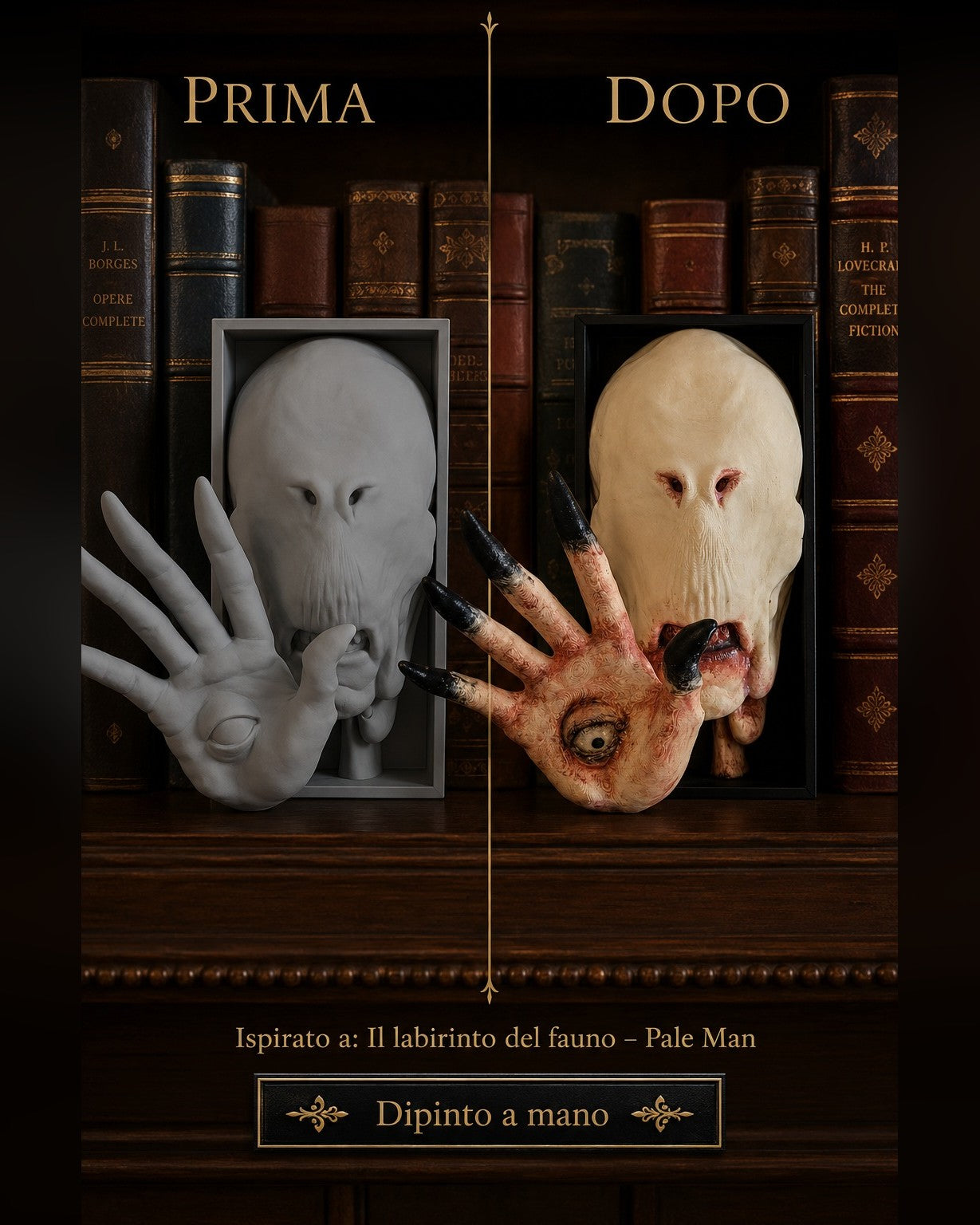 Fermalibro 3D Pale Man con mano e occhio nel palmo dipinto a mano, prima e dopo
