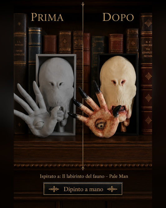 Fermalibro 3D Pale Man con mano e occhio nel palmo dipinto a mano, prima e dopo
