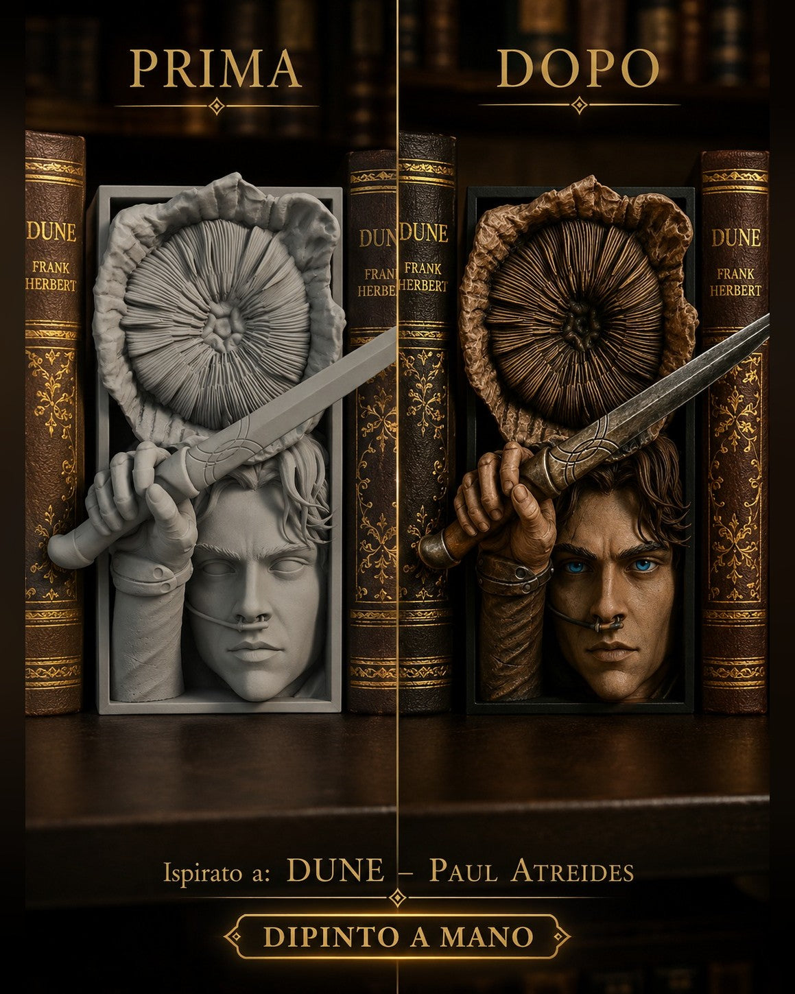 Fermalibro 3D Paul Atreides di Dune dipinto a mano con verme delle sabbie, prima e dopo