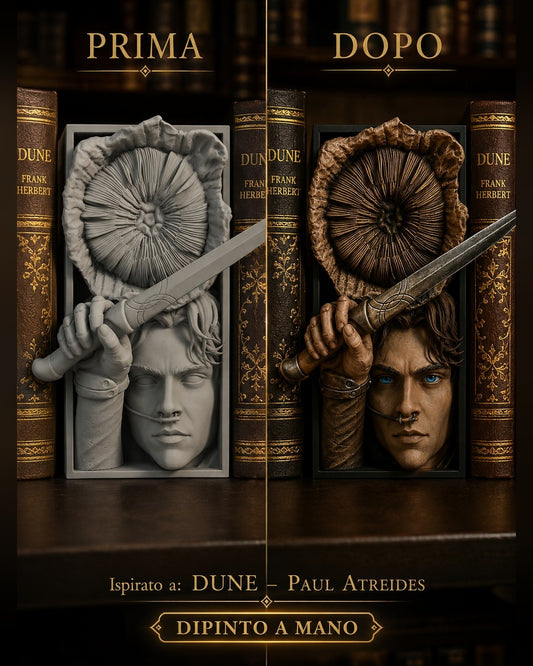 Fermalibro 3D Paul Atreides di Dune dipinto a mano con verme delle sabbie, prima e dopo