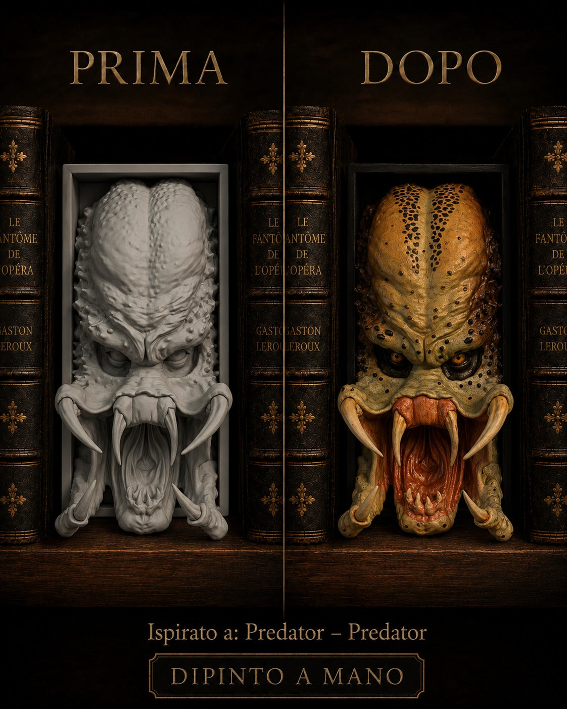 Fermalibro 3D Predator dipinto a mano con mandibole aperte, prima e dopo la pittura