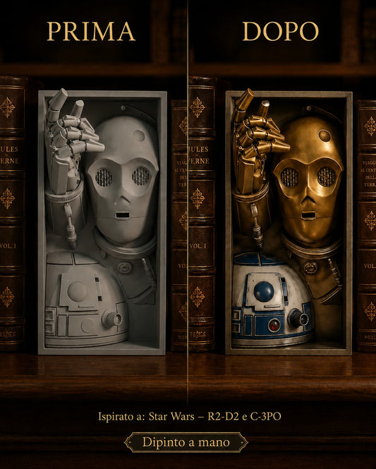 Fermalibro 3D R2-D2 e C-3PO dipinto a mano, confronto prima e dopo la pittura