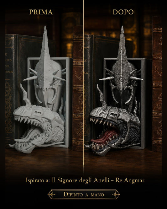 Fermalibro 3D Re Stregone di Angmar con bestia alata dipinto a mano, prima e dopo