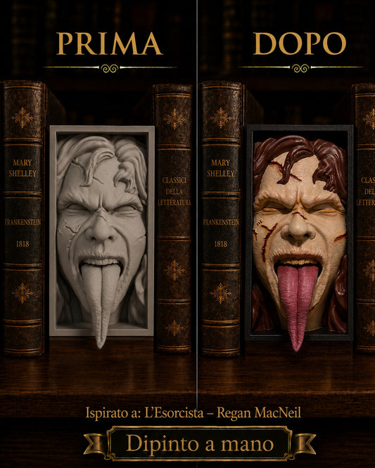 Fermalibro 3D Regan de L’Esorcista dipinto a mano, confronto prima e dopo la pittura