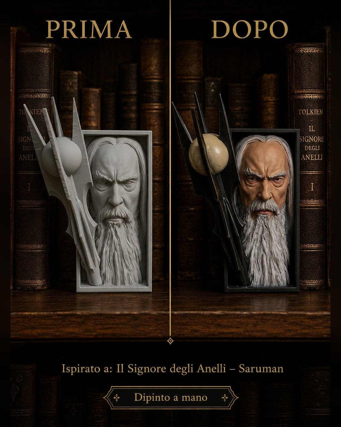 Fermalibro 3D Saruman con torre di Orthanc e palantír dipinto a mano, prima e dopo