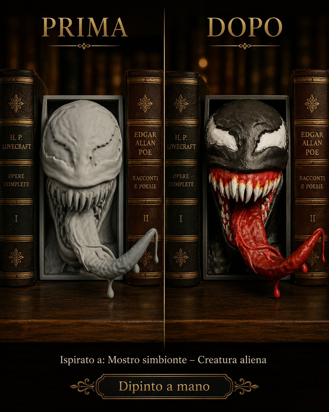 Fermalibro 3D mostro simbionte con lingua rossa dipinto a mano, prima e dopo la pittura