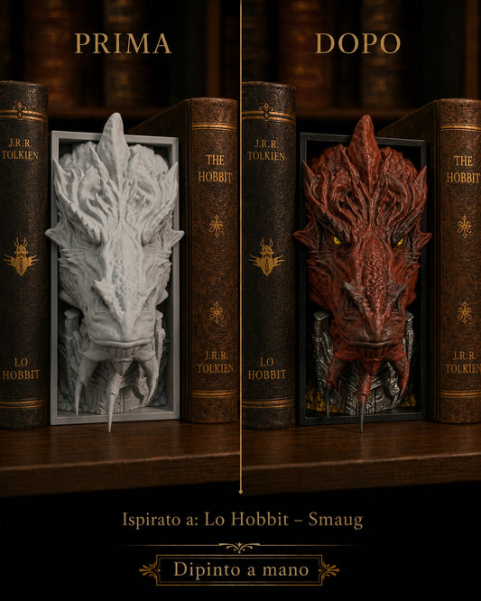 Fermalibro 3D Smaug drago rosso dipinto a mano con occhi gialli, prima e dopo