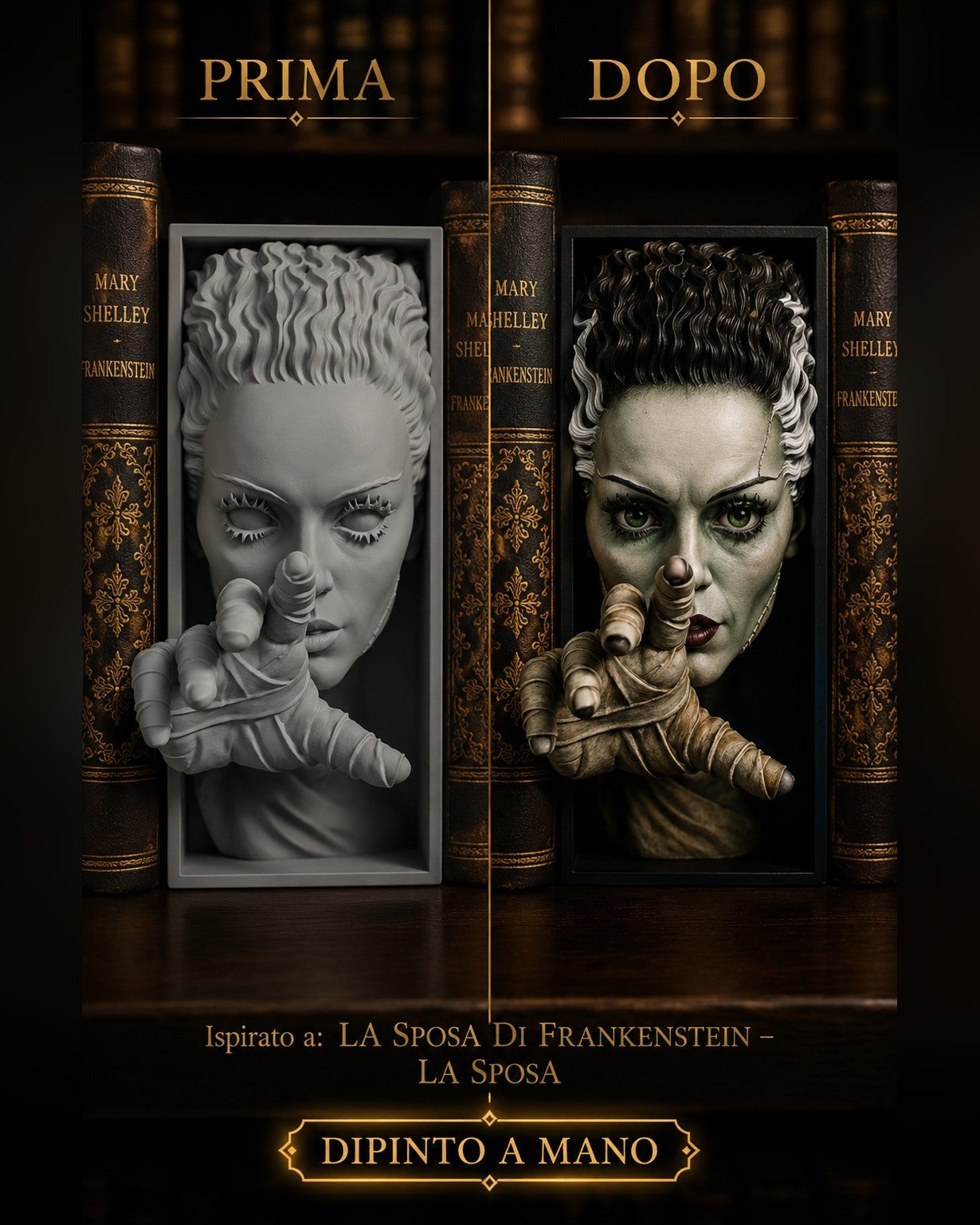 Fermalibro 3D Sposa di Frankenstein dipinto a mano con mano bendata, prima e dopo