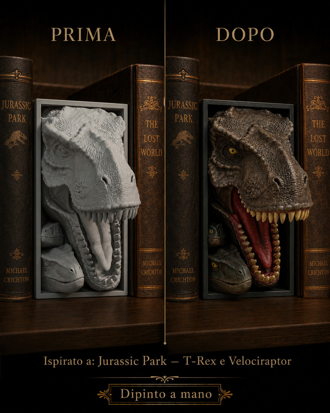 Fermalibro 3D T-Rex con velociraptor dipinto a mano, prima e dopo la pittura
