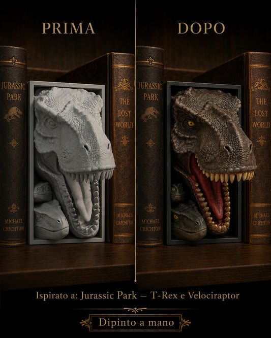 Fermalibro 3D T-Rex con velociraptor dipinto a mano, prima e dopo la pittura
