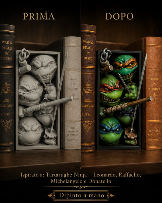 Fermalibro 3D Tartarughe Ninja dipinto a mano con le quattro tartarughe e le armi, prima e dopo