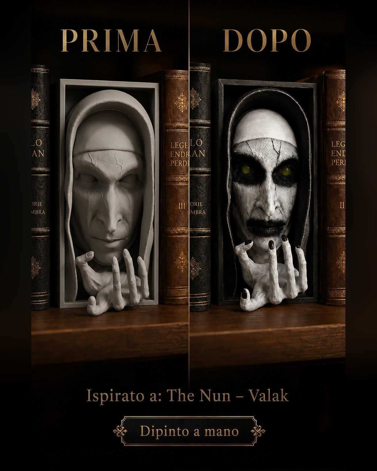 Fermalibro 3D Valak The Nun con occhi gialli dipinto a mano, prima e dopo la pittura