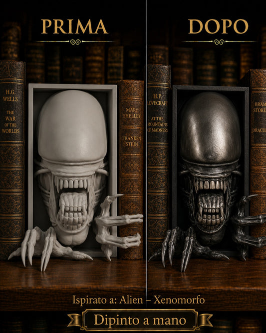 Fermalibro 3D Xenomorfo di Alien dipinto a mano, confronto prima e dopo la pittura