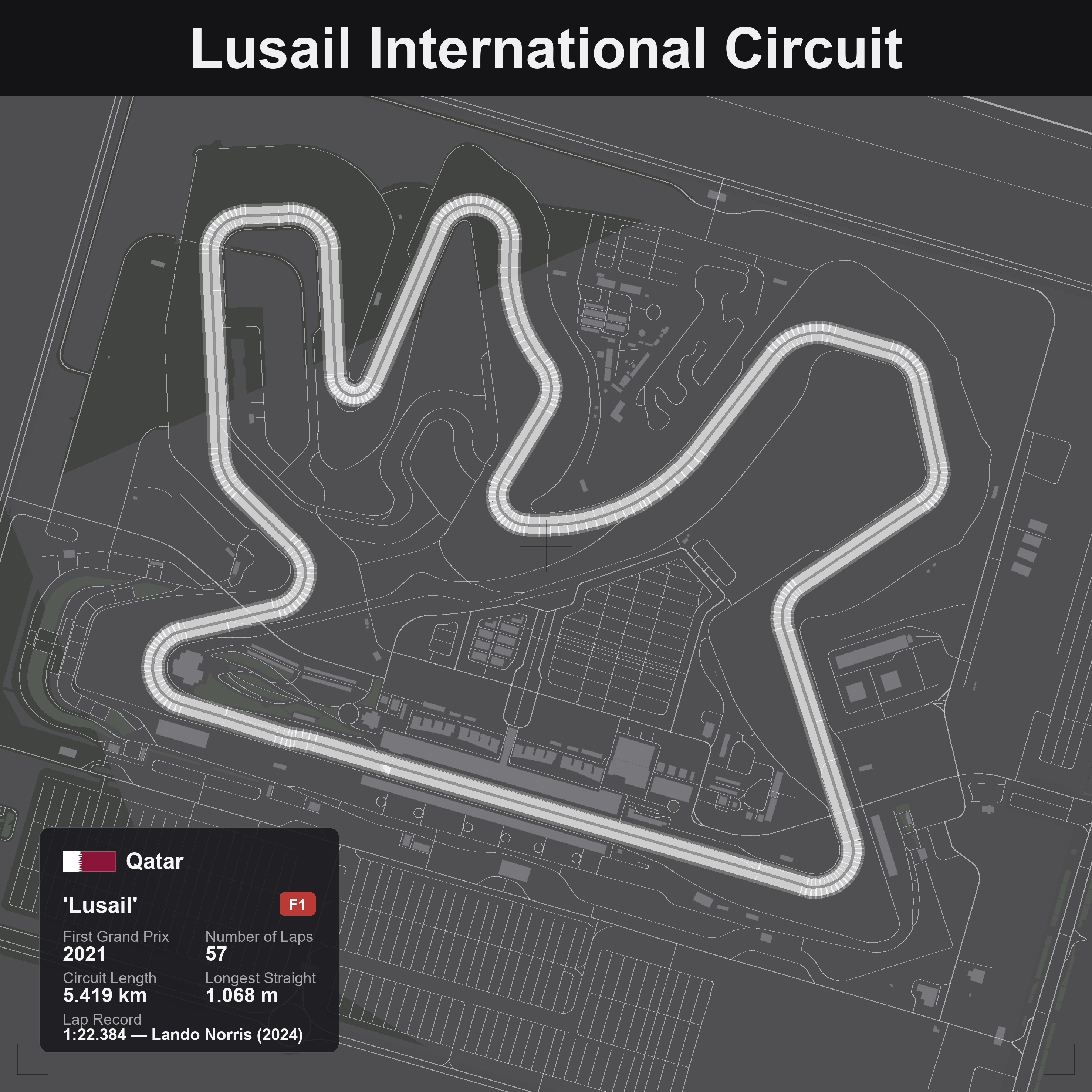 Quadro 3D circuito Lusail F1 - Qatar, tracciato in rilievo da parete