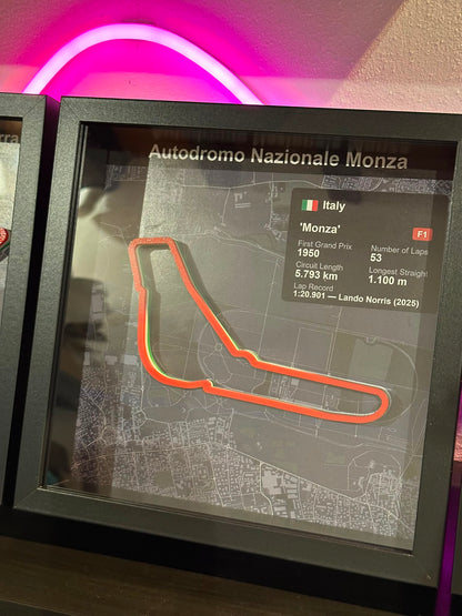 Dettaglio del quadro circuito Monza con dati del tracciato e cornice nera